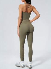 NcmRyu Women's One Set Solid Color Halter Tie U-Neck Backless Cropped Tank Top High Waist Ankle Pants Sports Set - Green - View 3