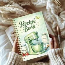 1 pieza Cuaderno de recetas con espiral y portada de papel A5, estampado de batidora de pie e ingredientes de repostería en verde claro, diario de cocina para registrar platos de postres caseros, tono verde menta fresco, útiles escolares - Multicolor - Ver 3