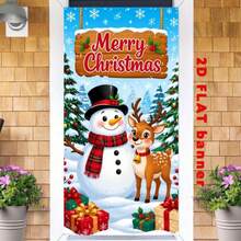 Fondo de pancarta plano 2D con temática navideña que presenta lindos muñecos de nieve, renos, árboles de Navidad, cajas de regalo y copos de nieve, impreso con el texto "Feliz Navidad". Hecho de material de poliéster, sin fuente de alimentación requerida para un uso conveniente. - Ver 3
