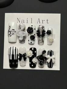 10-Piece Handmade Press On Nails, Medium-Length Rectangular False Nails, 3D Musical Note Nail Art, Y2K Retro Nail Art, 3D Musical Note Rose Bow Crackled Ice Polka Dot Design, Suitable For Daily Commutes, Dates, And The Best Gift For Ladies. - Multicolor - View 1