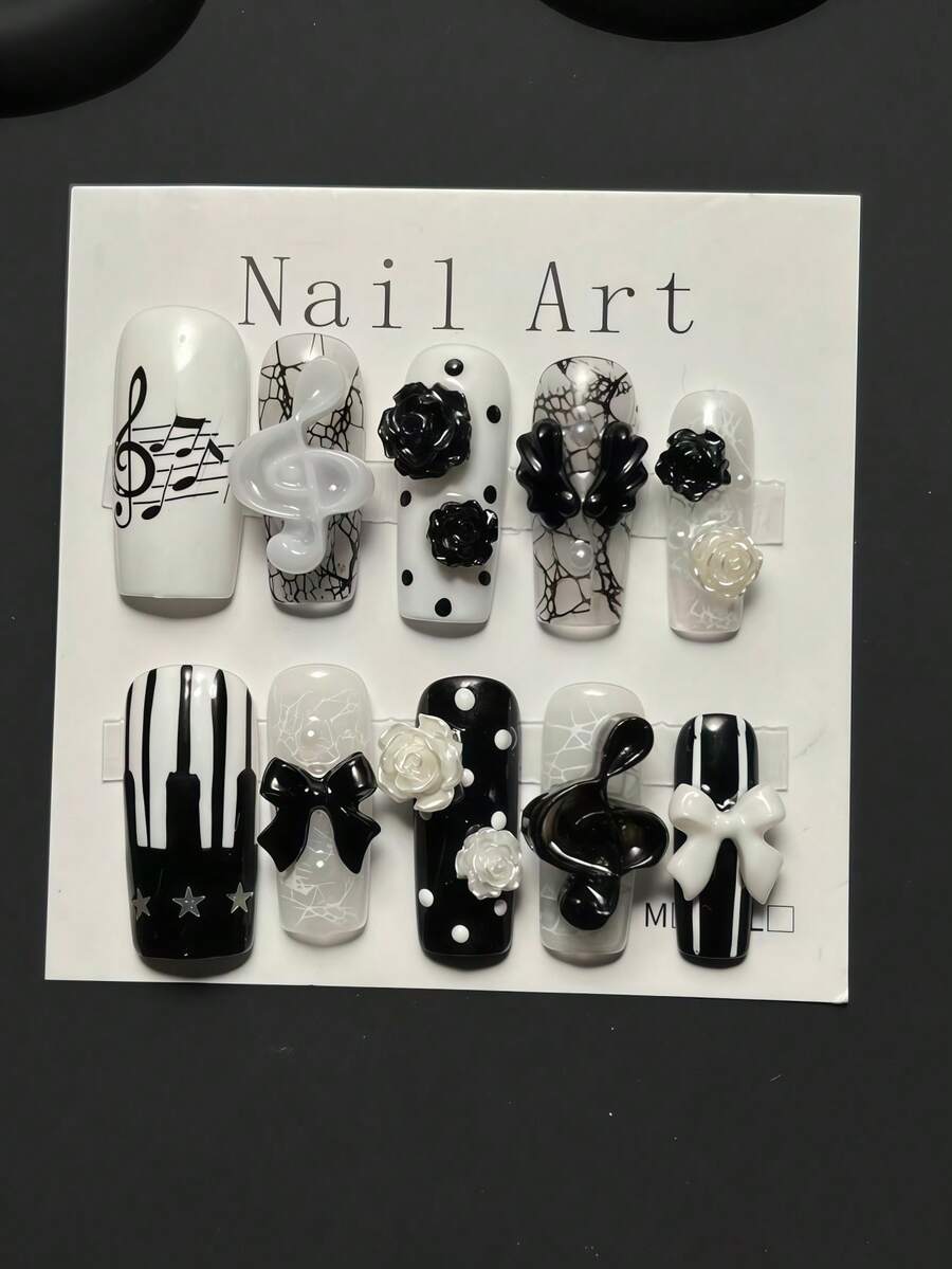 10-Piece Handmade Press On Nails, Medium-Length Rectangular False Nails, 3D Musical Note Nail Art, Y2K Retro Nail Art, 3D Musical Note Rose Bow Crackled Ice Polka Dot Design, Suitable For Daily Commutes, Dates, And The Best Gift For Ladies. - Multicolor - View 1