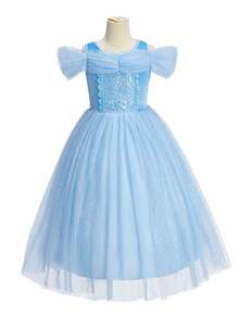 4pcs/Set Girls Light Blue Floral Pattern Tulle Petal Sleeve Dress, Crown, Magic Wand, Handbag Set, Children's Role Play Dress Outfit For Party, Christmas, Carnival - Light Blue - View 7