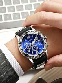 2pcs/Set Men's Silver Luxury Watch Set, Blue Dial With Digital Scale Three-Eye Silver Watch, Paired With Stainless Steel Band And Black Silicone Strap, Bold And Elegant Men's Accessory, Fresh For Summer, Suitable For Valentine's Day, Birthday, Father's Day As Luxury Gift For Boyfriend, Son - Multicolor - View 2