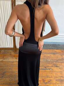 DOUCIU Solid Color U-Neck Backless Sexy Maxi Dress Party Night Club Style - Black - View 4