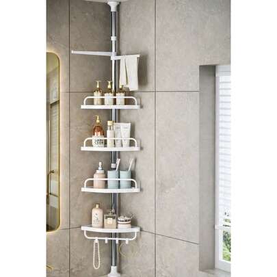 Prateleira de canto para banheiro com várias camadas, suporte de aço inoxidável do chão ao teto, organizador de armazenamento para banheiro, sem perfuração, novo design