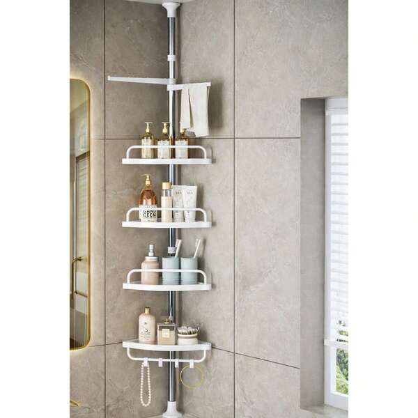 Multi-Tier Bath Corner Shelf, Stainless Steel Floor-To-Ceiling Rack Bathroom Storage Organizer, No-Drill, New Design