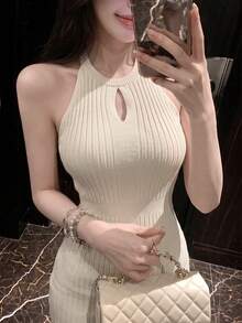 新款春夏镂空针织露背修身连衣裙（女款） - 杏色 - 查看 7