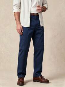 Premium 100% Cotton Navy Blue Straight Fit Men's Casual Trousers Breathable Comfort Non-Iron Classic Basic Work Pants For All Occasions - Blue - View 3