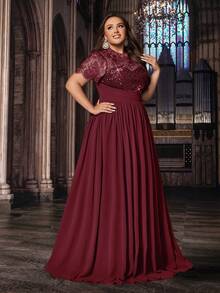 Gaun Panjang Elegan Ukuran Plus Berpayet, Renda, Chiffon untuk Pengiring Pengantin, Tamu Pernikahan, Musim Semi/Musim Panas, Gaun Formal, Koktail, dan Malam Hari - Burgundy - View 5