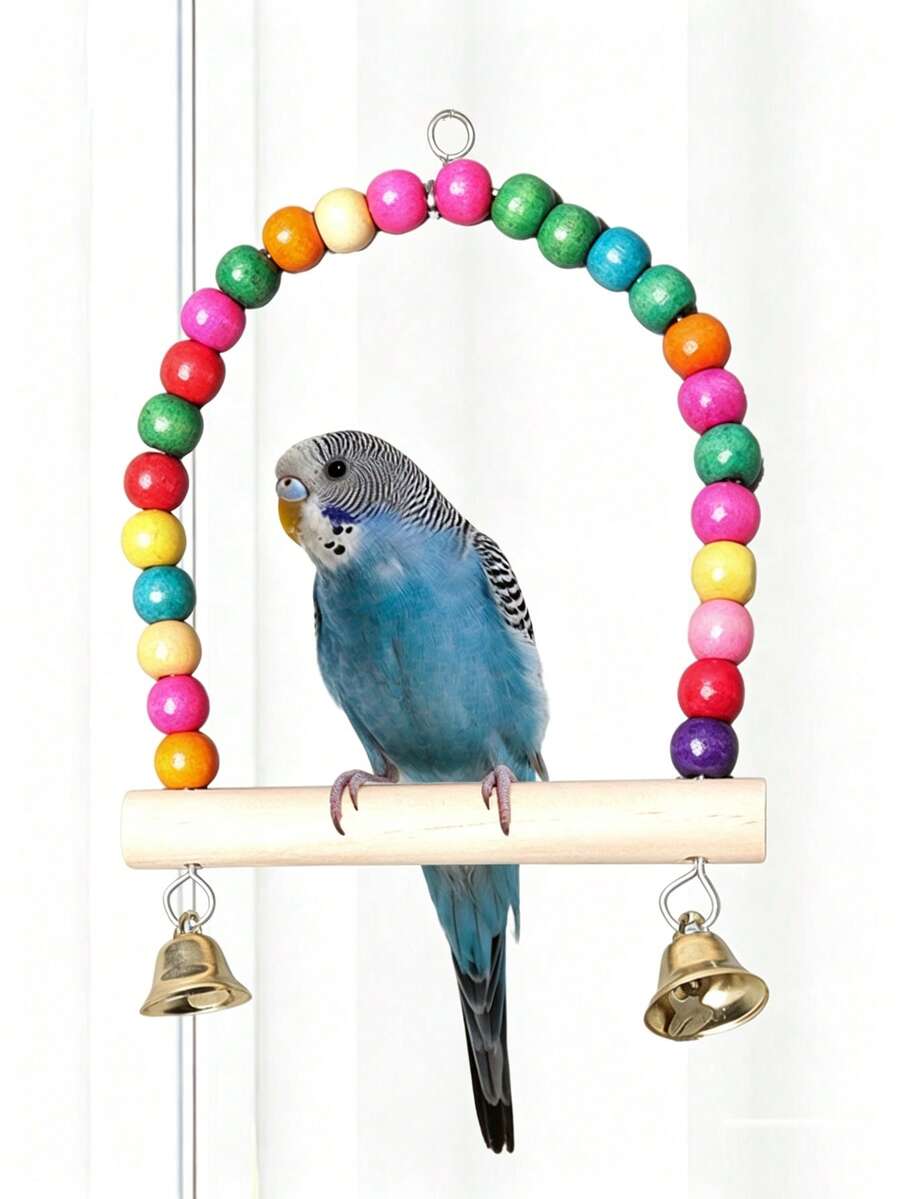 1pc Parrot Stand With Colored Wooden Beads Arch Swing, Birdcage Style Wooden Stand, Bird Toy Stand Stick Climbing Ladder, Random Color - Multicolor - View 1
