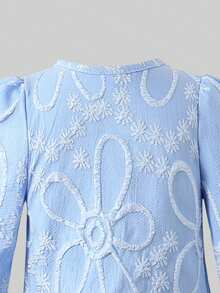 Young Girl Jacquard Textured Cardigan Jacket And Printed Floral Jumpsuit Set, Fashionable Casual Cute Elegant Spring Autumn Winter Outfit - Dusty Blue - View 9