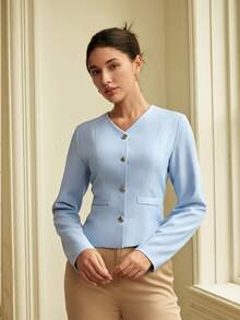 Women's Solid Color Elegant Commuter Blazer - Blue - View 6