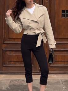 Women's Versatile Commuter Double-Breasted Belted Short Coat, Autumn/Winter - Apricot - View 4