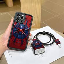 6件組液態黑色蜘蛛手機殼圖案 + 充電頭保護套 + 線材保護套 + 收納繩 + 數據線保護纏繩 TPU 防摔保護殼，適用於 Apple 17 16e 16 15 14 13 12 11 Mini Pro Max Air X XR XSMAX 8 7 Plus，防摔磨砂背殼，智慧型手機保護殼，日常使用殼，時尚手機配件，創意設計，UV 印刷設計，時尚保護殼，時尚愛好者，音樂愛好者，生日禮物首選 - 彩色 - 查看 2