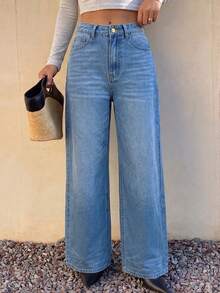 Women's Casual Straight Leg Denim Jeans, Non-Stretch Long Pants, Button And Zipper Fly, Versatile Everyday Style - Light Wash - View 2
