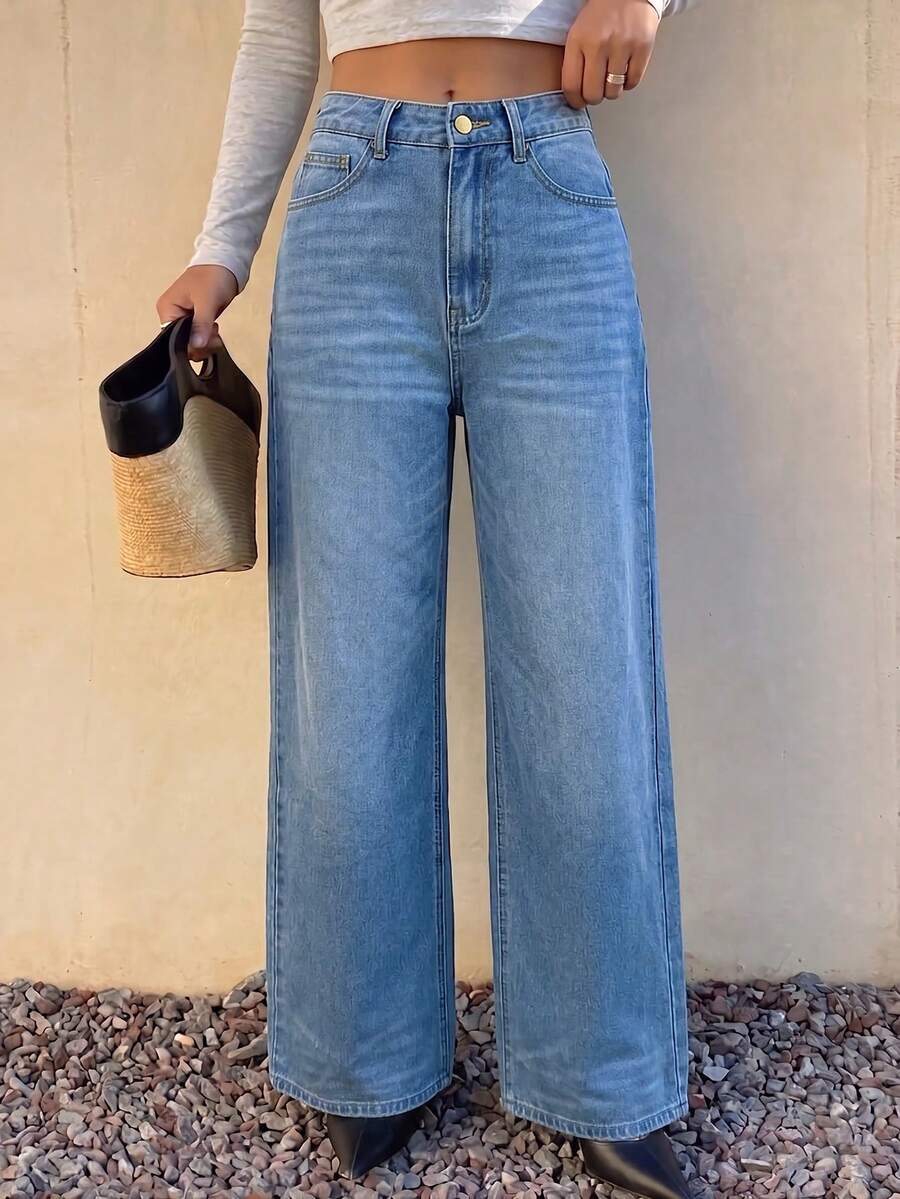 Women's Casual Straight Leg Denim Jeans, Non-Stretch Long Pants, Button And Zipper Fly, Versatile Everyday Style