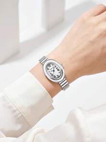 1pc Women's Vintage Oval Gold-Tone Steel Band Roman Numeral Quartz Wristwatch, Suitable For Office Commute And Vintage Outfit Wear - Silver - View 7
