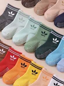 5/10/20 Pairs Random Anti-Slip Baby Socks, Double Stripe Cuff With "Sport" Letter Pattern Mid-Calf Socks, Unisex Baby Floor Socks, Baby Essentials - Multicolor - View 4