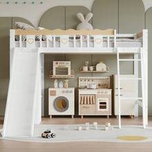 High Kids Bed Frame With Slide And Storage Cabinet - Natural and White - View 2