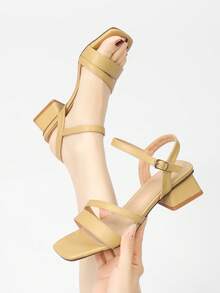 女款方頭中跟單帶涼鞋，黑色高跟涼鞋，百搭通勤專業涼鞋，羅馬風交叉帶高跟鞋，米色卡其百搭高跟鞋 - 卡其色 - 查看 6