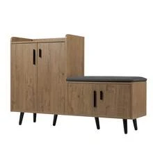 Modern Shoe Bench With Wood Grain, Storage Cabinet, 4 Storage Doors, Asymmetric Metal Handles, - Natural - View 8