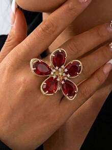 XYHEALER 1pc Women's Multicolor Rhinestone Flower Open Ring, Y2K Chunky Gold Floral Cocktail Ring, Suitable For Party, Vacation, Daily Wear And Gift - Multicolor - View 10