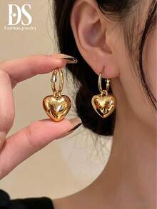 1 Pair Fashionable High-End CCB Heart Earrings, Round Hoop Iron Earrings With UV Color-Preserving Electroplating, Women's Daily Accessory Gold Earrings - Gold - View 2