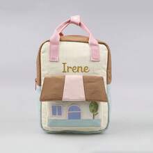 Personalized Quilted Mini Backpack With Embroidered House Design, Color Block Small Backpack, Lightweight Casual Bag With Adjustable Straps For Daily - Multicolor - View 9