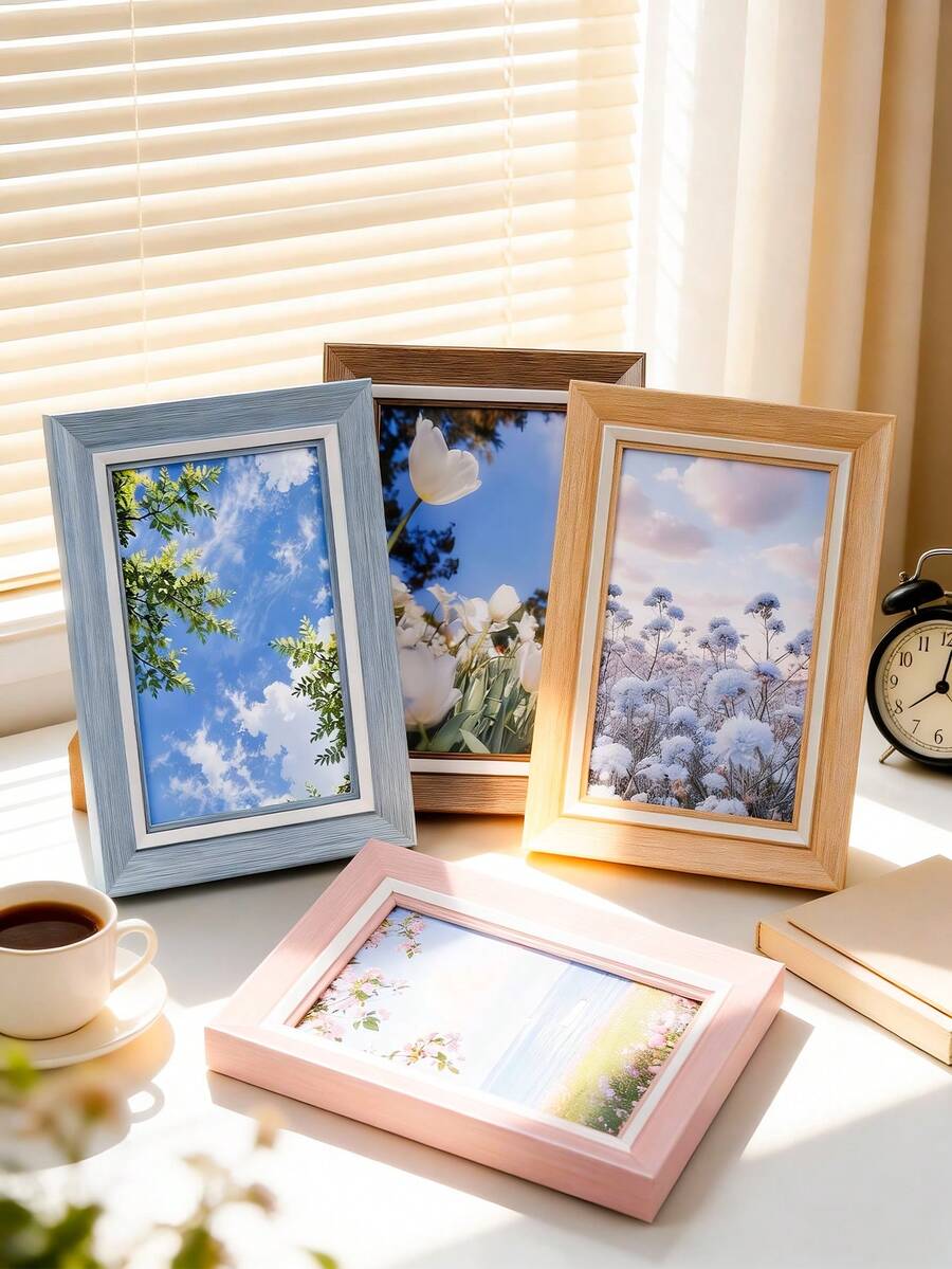 1pc Pastel Wood Grain Texture Single Frame, Multicolor Macaron Desktop Standing Photo Frame, Minimalist White Matting Photo Frame, Suitable For Landscape/Portrait Photos, Exquisite Desktop Display Frame, Cute Bedroom/Dorm/Apartment/Office Vanity Decor, Sweet Memory Photo Frame Gift, Suitable For Birthday/Housewarming