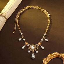 French Court Style Hollow Vine Metal Frame Orange Glass Rhinestone Tassel Necklace & Earrings Set, Banquet Accessories, Women's Gift - Necklace - View 4