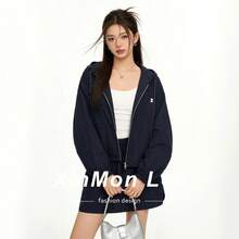 女款抽繩連帽拉鍊長袖外套與迷你裙休閒日常套裝 - 藏蓝色 - 查看 2