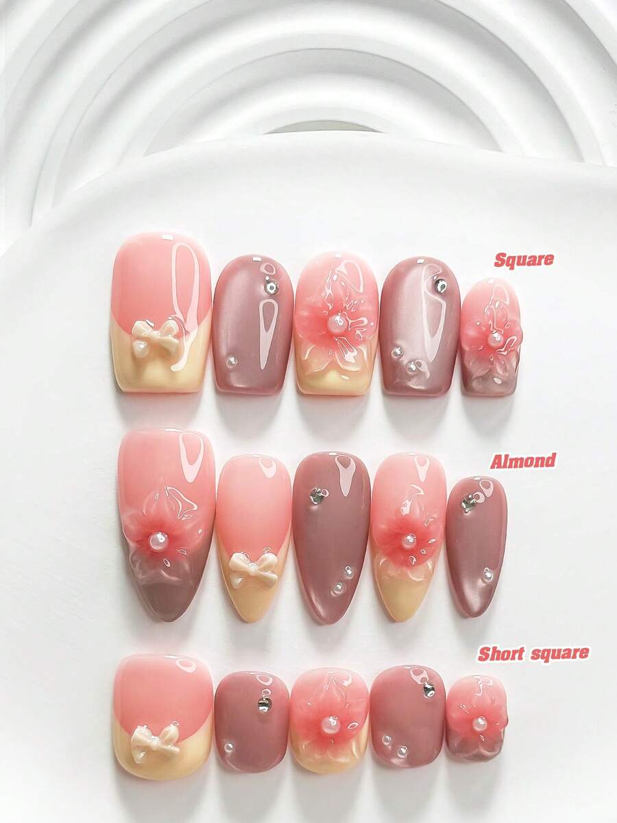 10片溫柔風手工穿戴甲,Polygel美甲套組,粉色花朵、黃色蝴蝶結、黃色與粉色指甲油,休閒風格,含美甲工具,3種尺寸可選,方型、短方型、杏仁形,適合派對、跳舞、日常配戴 - 彩色 - 查看 1