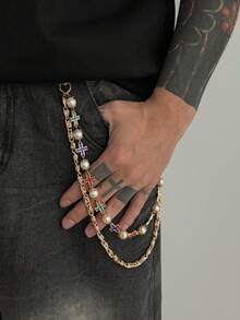 1pc Vintage Colorful Rhinestone Cross & Pearl Double Layer Pants Chain, Men's American Street Style Jeans Waist Chain - Cross Diamond Trouser Chain - View 4