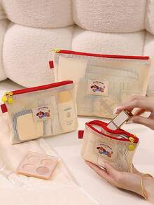 1 buah Tas Kosmetik Jaring Perjalanan dengan Resleting Ganda, Tas Penyimpanan Portabel Anti-Hilang untuk Lipstik dan Produk Perawatan Kulit, Kemasan Kapasitas Besar, Tas Makeup - MultiWarna - View 1