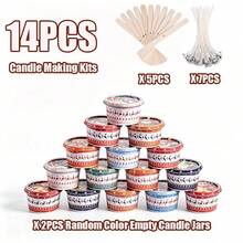 14 pièces/Set Kit de fabrication de bougies, comprend 2 pots à bougies vides de couleurs aléatoires, 5 supports de mèche et 7 mèches. Ces pots à bougies vides à thème de Noël présentent un design de couvercle scellé, parfait pour fabriquer des bougies ou ranger de petits objets. - C-14 pièces/ensemble - Voir 9