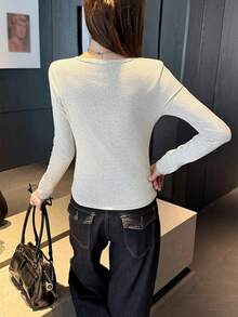 Sexy Style Rivet Decor Slim Fit Long Sleeve Base Layer Top Elastic Slimming Minimalist Daily Versatile Autumn/Winter Women's Top - Grey - View 5