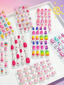 192pcs Cute Cartoon Children's Fake Nails, Cute Unicorn Rainbow Star Floral Reusable Nail Stickers, DIY Manicure, Girls Party Birthday Gift - Multicolor - View 5