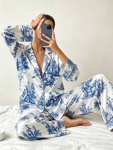 2pcs/Set Women's Satin Pajama Set, White With Blue Floral Landscape And Figure Print, Deep V-Neck Lapel, Long Sleeve, Loose Wide Leg Loungewear - Blue and White - View 5