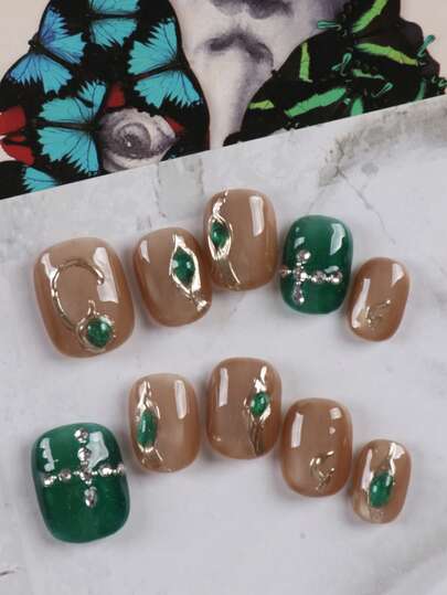 10 piezas de uñas postizas de presión color marrón claro con efecto ojo de gato verde plateado brillante con diamantes, hechas a mano, uñas postizas de verano, uñas falsas cortas para oficina y uso diario, kit de uñas artificiales que incluye 1 hoja de pestañas adhesivas y 1 lima mini