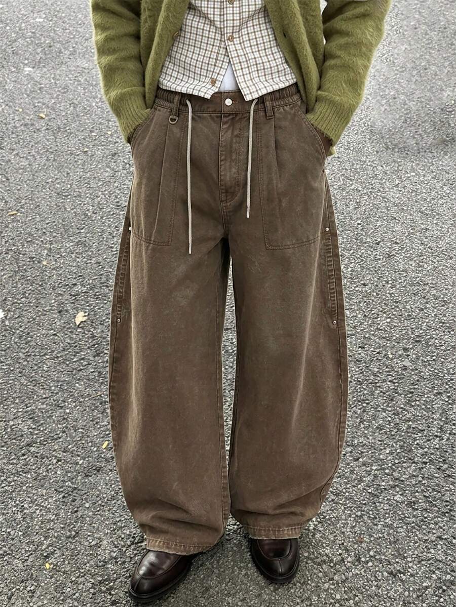 INFLATION Men's Vintage Washed Curved Leg Long Pants - Cocoa - View 1