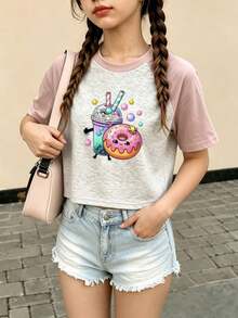 Mädchen Sommer Kurzarm T-Shirt, figurbetontes T-Shirt, Baumwoll-Strickstoff, modischer Streetstyle, süß, süße Cartoon-Donut-Getränk-Drucke - Hautpuder - Übersicht 3