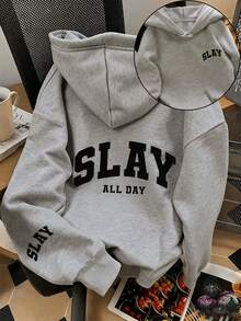 ZZG Es Trus 秋冬女款灰色大尺碼 Slay "SLAY ALL DAY" 字母印花 Y2K 抽繩大尺碼連帽衛衣休閒街頭風秋季運動衫 - 灰色 - 查看 1