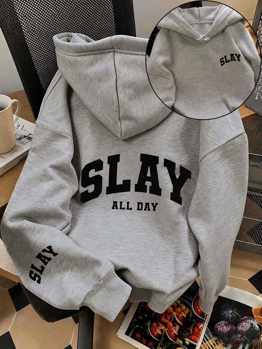 ZZG Es Trus 秋冬女款灰色大尺碼 Slay "SLAY ALL DAY" 字母印花 Y2K 抽繩大尺碼連帽衛衣休閒街頭風秋季運動衫 - 灰色 - 查看 1