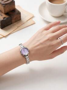 1 pieza Reloj de mujer con esfera rosa, caja redonda plateada, números romanos & marcadores de cristal, correa de metal, elegante reloj de cuarzo para uso diario, 1 pieza/set - Negro - Ver 3
