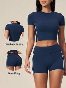 TimeOff Women's One Set Contrast Color Side Double Stripe Crew Neck Short Sleeve Butt-Lifting Shorts Sports Set - Navy Blue - View 1