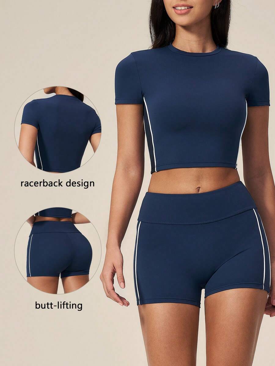 TimeOff Women's One Set Contrast Color Side Double Stripe Crew Neck Short Sleeve Butt-Lifting Shorts Sports Set - Navy Blue - View 1