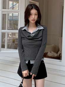 Kaos Lengan Panjang Patchwork Bergaris 2 in 1 Kasual Musim Semi/Gugur - Dark Grey - View 4
