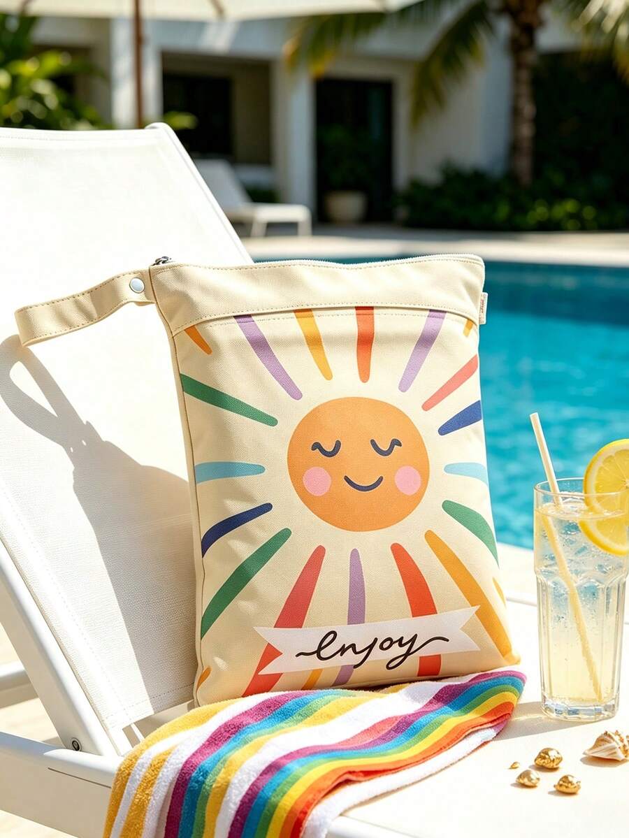 1件裝 Good Vibe 可愛微笑太陽印花防水收納袋,適合海灘度假、游泳池、戶外露營旅行收納 - 金色 - 查看 1