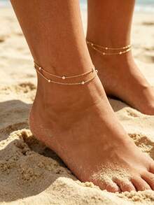 1pc Minimalist Double Layer Beaded Anklet, Multi-Functional Sexy Suitable For Party, Beach, Daily Wear, Holiday Gift (Random Bead Quantity) - Gold - View 3
