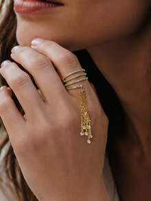 outingfit 1pc New Multi-Layer Wrapped Ring, Niche Design, Light Luxury Tassel Chain Open Adjustable Finger Ring, Eye-Catching Party Accessory - Gold - View 1